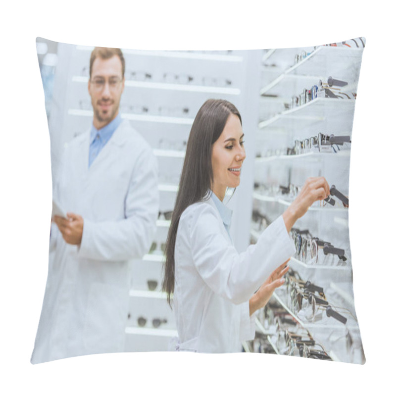 Personality  Two Optometrists Working And Using Digital Tablet In Ophthalmic Shop With Eyeglasses Pillow Covers