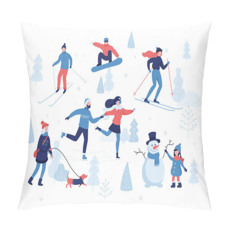 Personality  People Having Winter Activities In Park, Skiing, Skating, Snowboarding, Girl Walking The Dog, Girl Making A Cute Snowman, Cartoon Characters In Flat Design Isolated On White. Vector Illustration. Pillow Covers