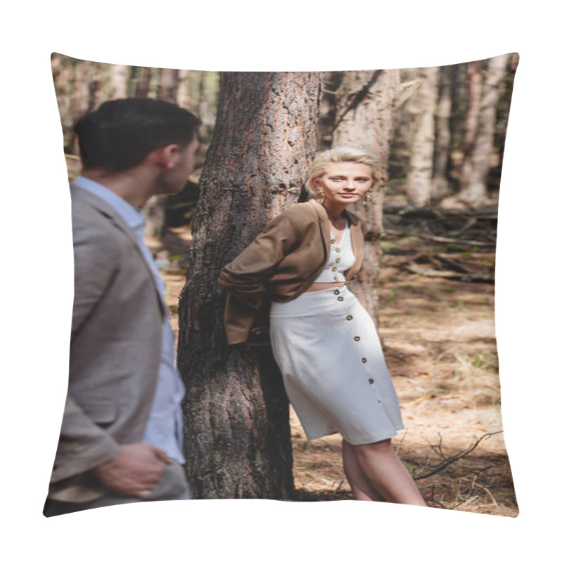 Personality  Stylish Bride And Bridegroom Standing In Forest And Looking At Each Other Pillow Covers