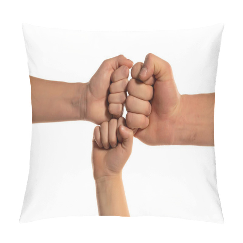 Personality  Family Hands In Different Generation Giving Fist Bump. Successful Business Teamwork With Hands Gesture Communication. Family Partnership Family Work Together Harmony, Trust Concept. Pillow Covers