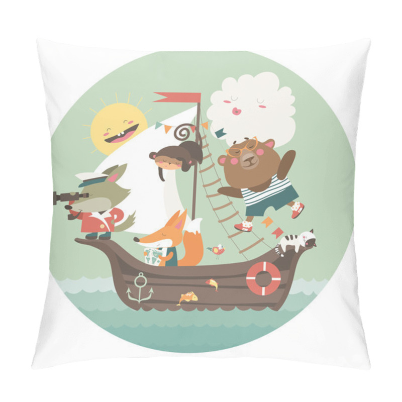 Personality  Cute Animals Travelling By Ship On Sea Pillow Covers