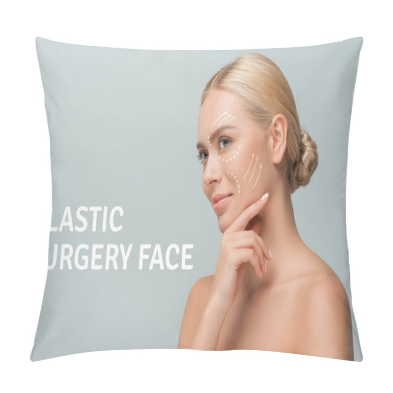 Personality  Happy Naked Woman Near Plastic Surgery Face Illustration Isolated On Grey  Pillow Covers