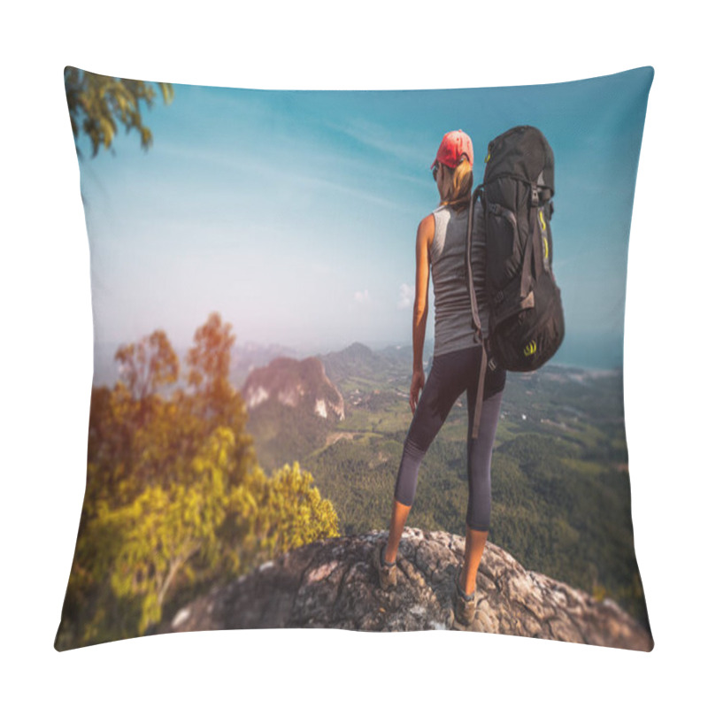 Personality  Woman Hiker With Big Backpack Stands On The Rock And Enjoys The Valley View Pillow Covers