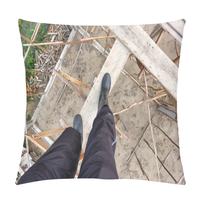 Personality  Worker Wear Boot Stand On Wood Scaffolding At Construction Site. Pillow Covers