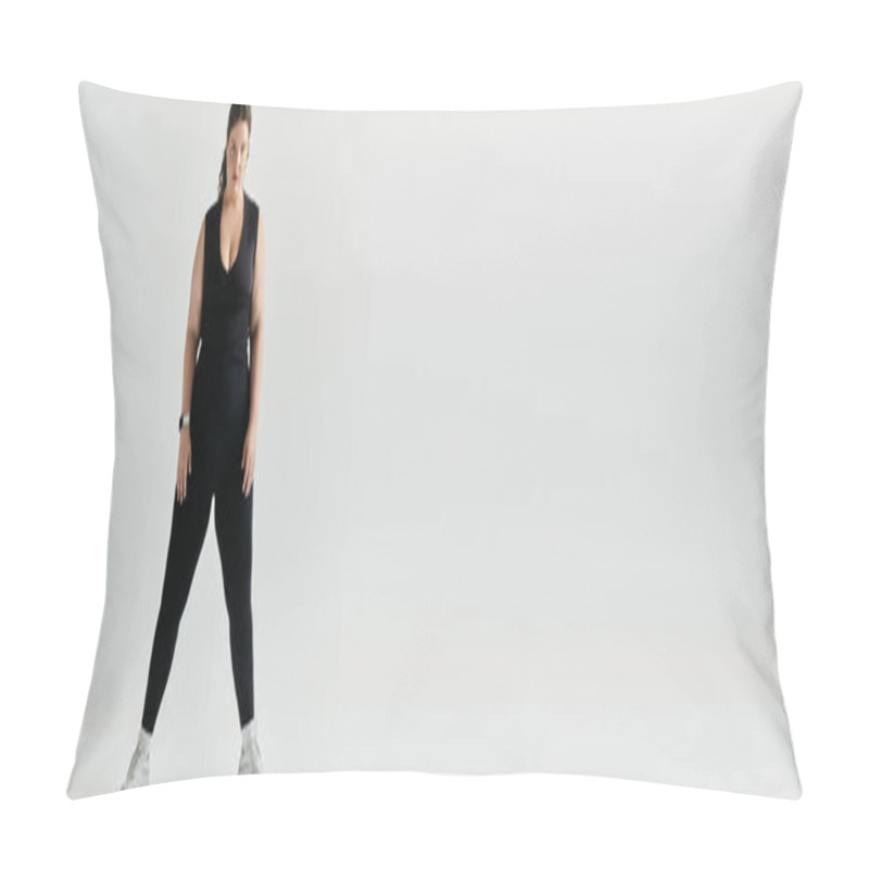 Personality  A Stylish Plus Size Woman Exudes Confidence While Posing In Sleek Black Attire, Standing Tall. Pillow Covers