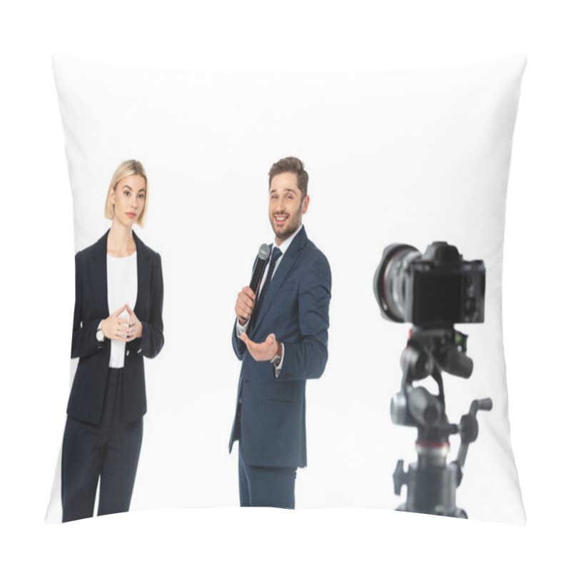 Personality  Smiling Broadcaster With Microphone Near Blonde Colleague And Digital Camera On Blurred Foreground Isolated On White Pillow Covers