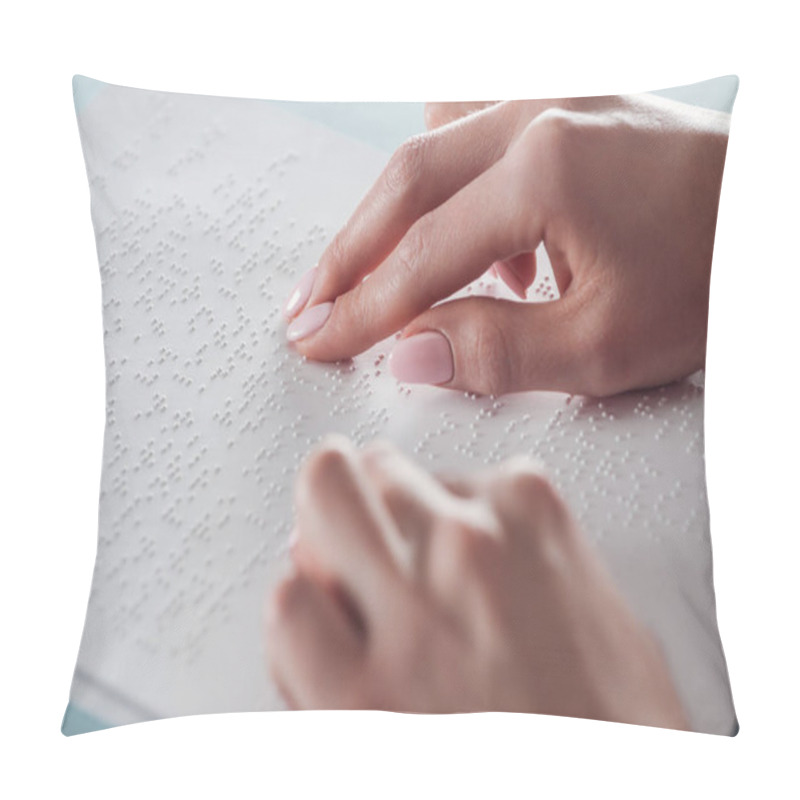 Personality  Cropped View Of Young Woman Reading Braille Text On White Paper Pillow Covers