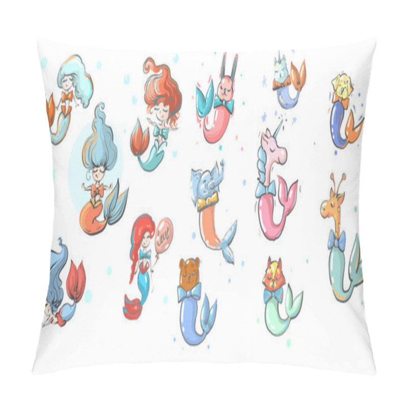 Personality  Mermaids Girls And Animals With Fish Tails Vector Illustration Pillow Covers