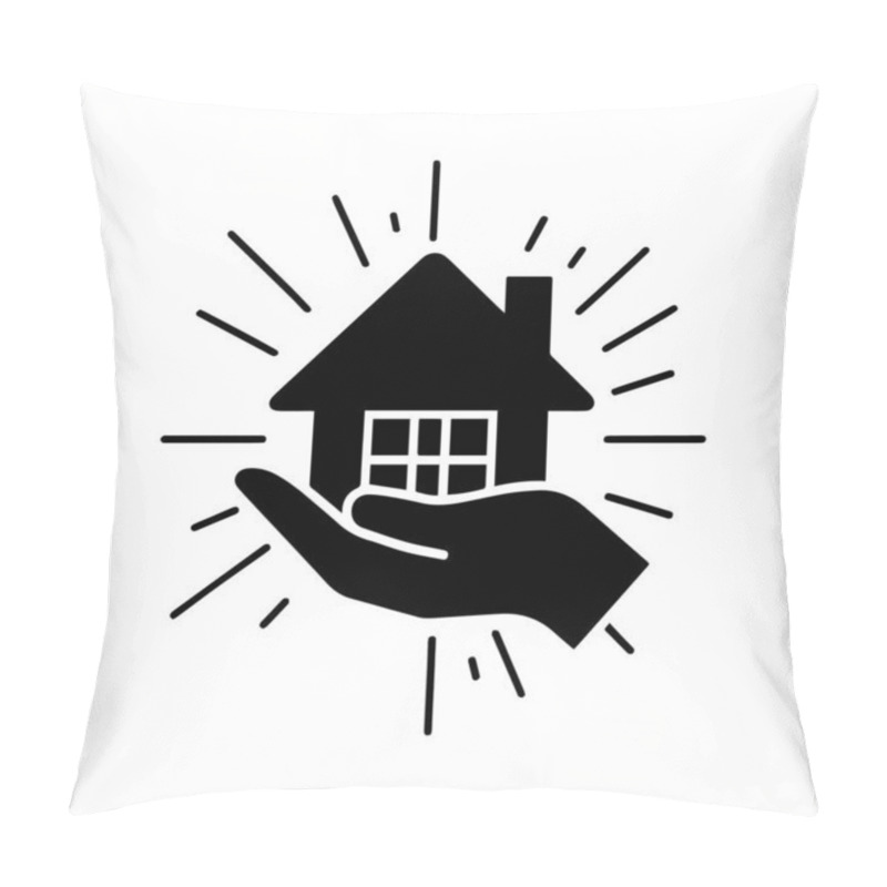 Personality  This Black And White Vector Image Showcases A Stylized Hand Holding A Simple, Geometric House Design. The House Features A Pitched Roof And A Window With Four Panes, Symbolizing Warmth And Shelter.  Pillow Covers