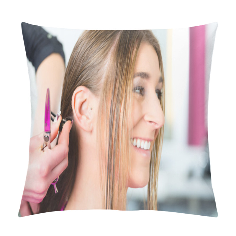 Personality  Woman Receiving Haircut From Hair Stylist Or Hairdresser Pillow Covers