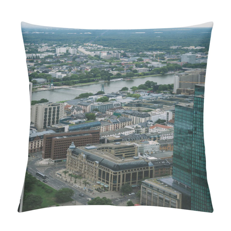 Personality  Aerial View Of Cityscape With Skyscrapers And Buildings Near Main River In Frankfurt, Germany  Pillow Covers