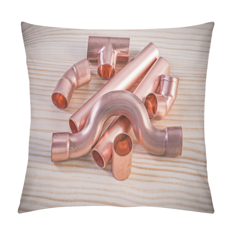 Personality  Copper Pipe Fittings On Wooden Board Plumbing Concept Pillow Covers