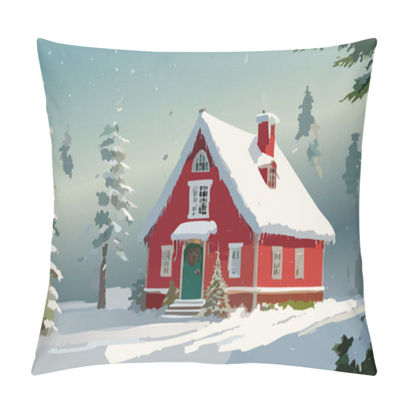 Personality  Illustration Of A Red House In The Winter Forest Pillow Covers