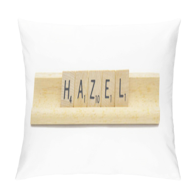 Personality  Concept Of Popular Newborn Baby Girl First Name Of HAZEL Made With Square Wooden Tile English Alphabet Letters With Natural Color And Grain On A Wood Rack Holder Isolated On White Background Pillow Covers