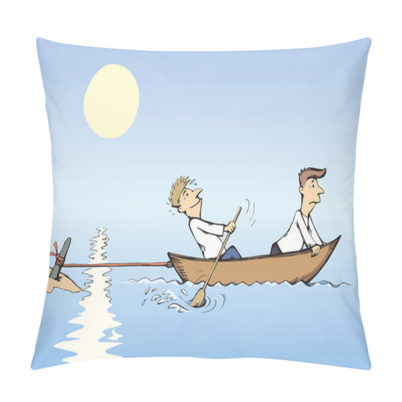 Personality  Strength Male Figure Struggle Push Oar Kayak Isolated On River Background. Hand Drawn Incorrect Goal Infinite Labour Sea Travel Symbol Sketch In Art Retro Doodle Comic Style With Space For Text On Sky Pillow Covers