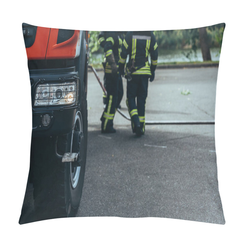 Personality  Partial View Of Brigade Of Firefighters And Water Hose On Ground On Street Pillow Covers