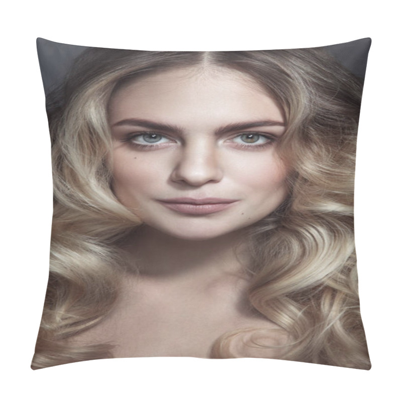 Personality  Young Beautiful Blonde Woman With Long Curly Hair Pillow Covers