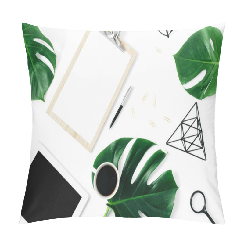 Personality  Modern Office Table Desk Feminine Workspace With Tablet, Accessories And Monstera Leaves Flat Lay, Top View Pillow Covers