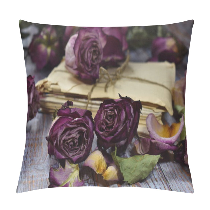 Personality  A Stack Of Letters Tied With Rope With  Floral Decor. Nostalgic Vintage Background. Dry Decorative Purple Rosebuds And Old Letters. Pillow Covers