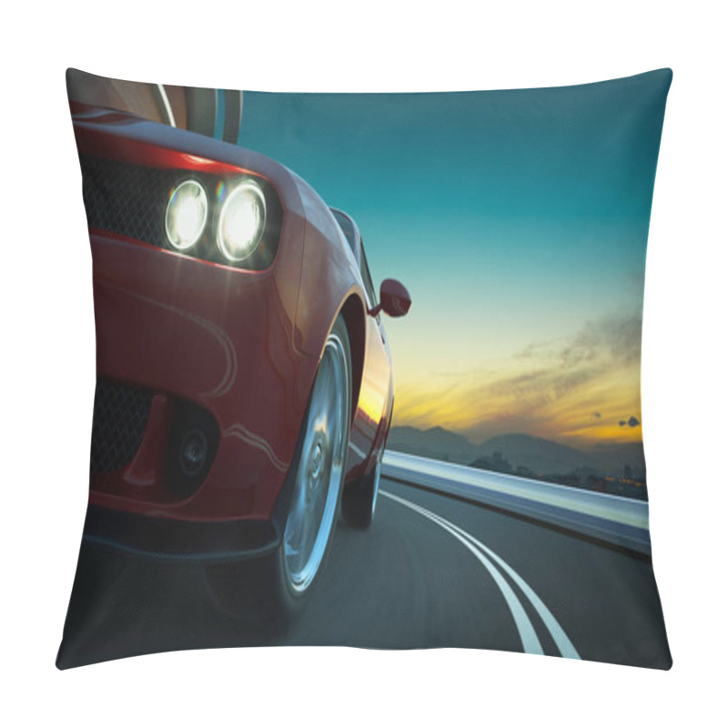 Personality  Closeup Front And Low Angle View Of A Generic Red  American Muscle Car In A City Street Road  With Motion Blur. Transportation Concept. 3D Rendering. Mixed Media . Pillow Covers