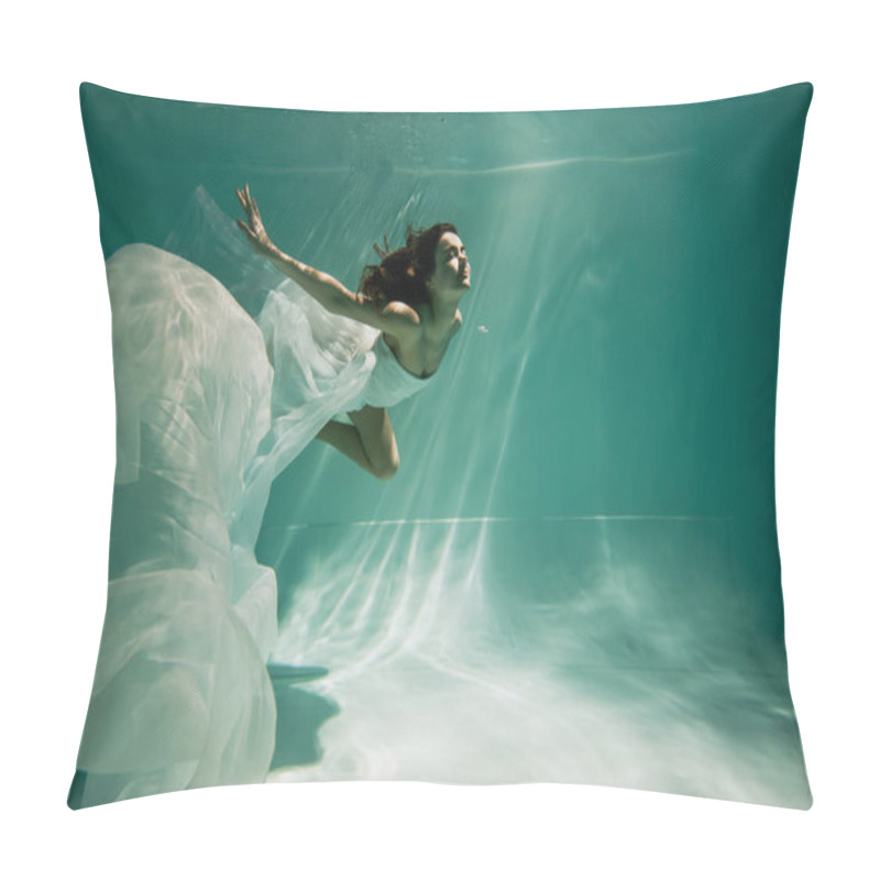 Personality  Brunette Young Woman In Dress Swimming In Pool With Blue Water  Pillow Covers