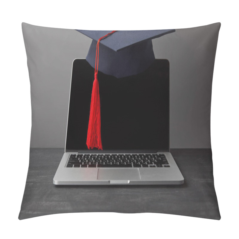 Personality  Laptop With Blank Screen And Academic Cap With Red Tassel On Grey Pillow Covers