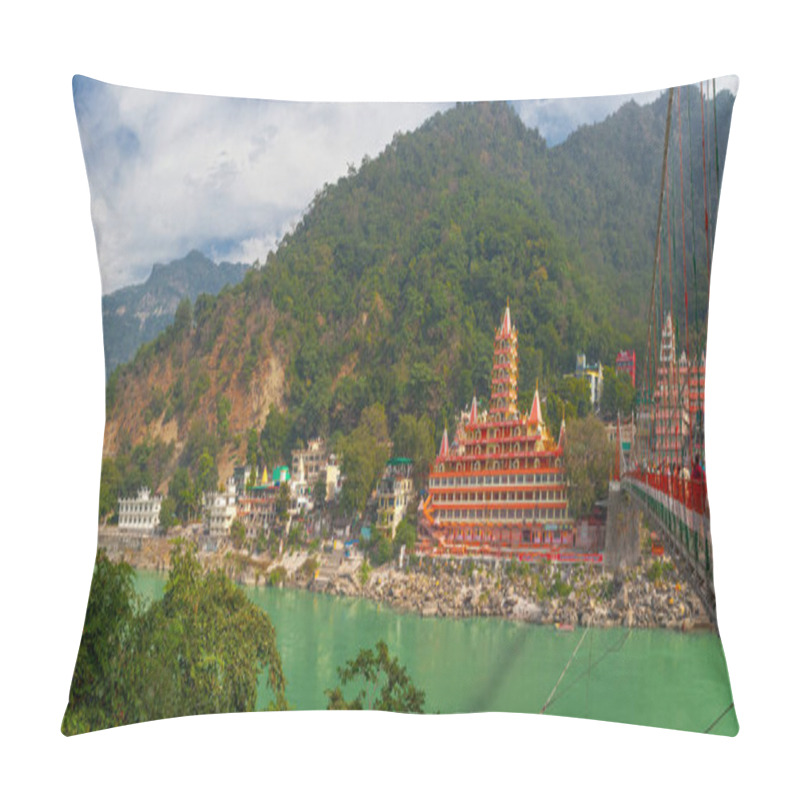 Personality  Rishikesh, India - November 21, , 2019. View Of Ganga River Embankment, Lakshman Jhula Bridge And Tera Manzil Temple, Trimbakeshwar In Rishikesh Pillow Covers