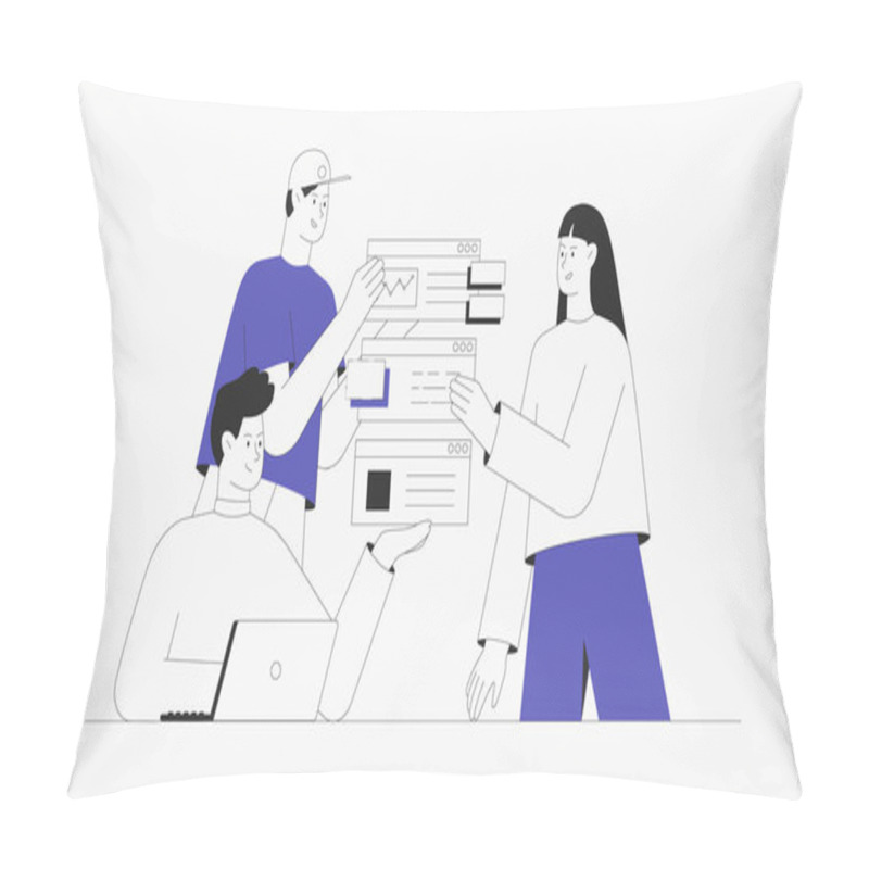 Personality  Men And Women Taking Part In Business Meeting, Generate Ideas And Testing App. Business Brainstorming, UI UX Design Concept Of Creating An Application. Modern Flat Outline Style. Pillow Covers