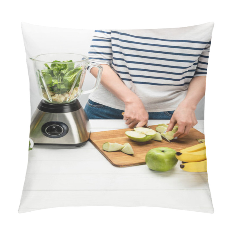 Personality  Overhead View Of Woman Cutting Apple Near Blender And Bananas On White  Pillow Covers