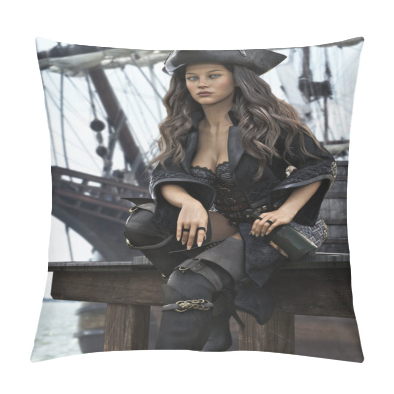 Personality  Portrait Of A Pirate Female Resting After A Long Journey With A Bottle Of Ale On The Side Of A Dock With Her Ship In The Background. 3d Rendering Pillow Covers