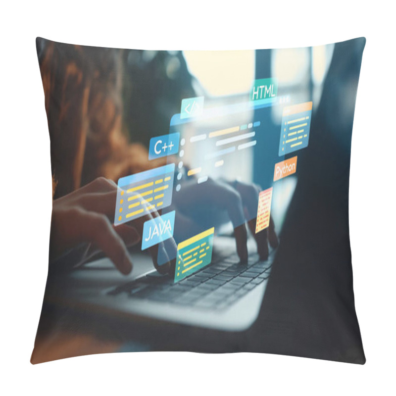 Personality  Software Developer Or Programmer Work With Coding Digital Overlays Of Various Programming Languages Like HTML, Python, Java, And C EIDE For New Application Mobile Phone Development Pillow Covers