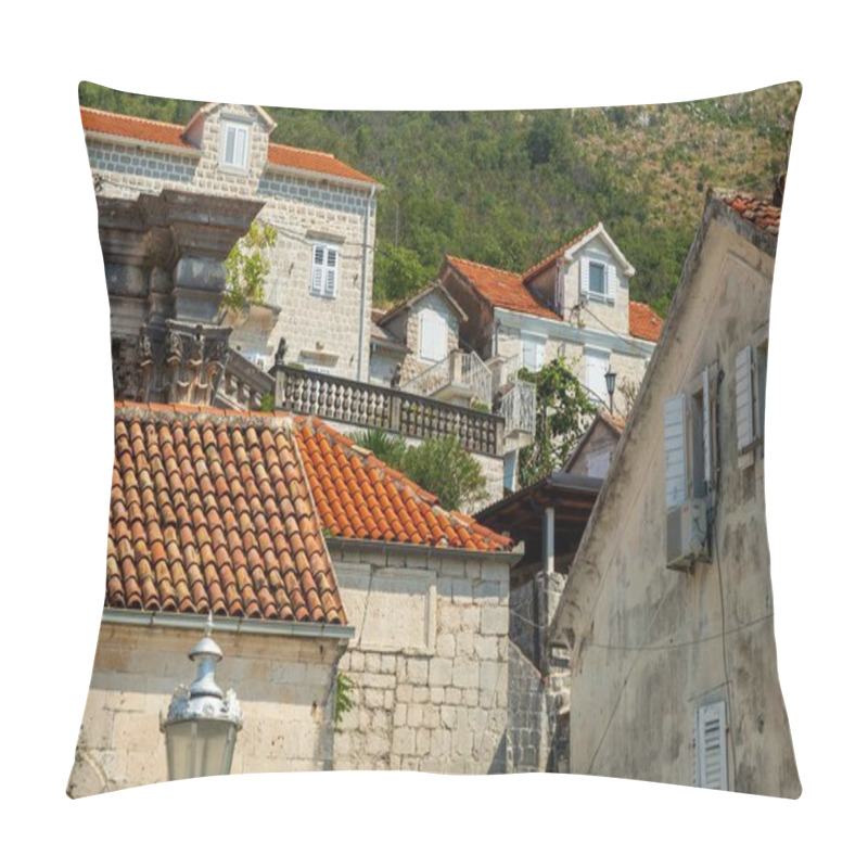 Personality  Bay Of Kotor, Montenegro - August 22, 2024: A Picturesque Cluster Of Traditional Stone Houses With Red-tiled Roofs And White Shutters, Nestled On A Hillside, Showcasing Mediterranean Architecture. Pillow Covers