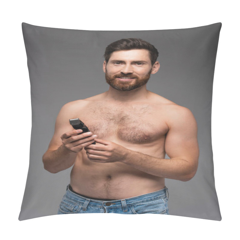 Personality  Happy And Shirtless Man With Hair On Chest Holding Electric Razor Isolated On Grey Pillow Covers