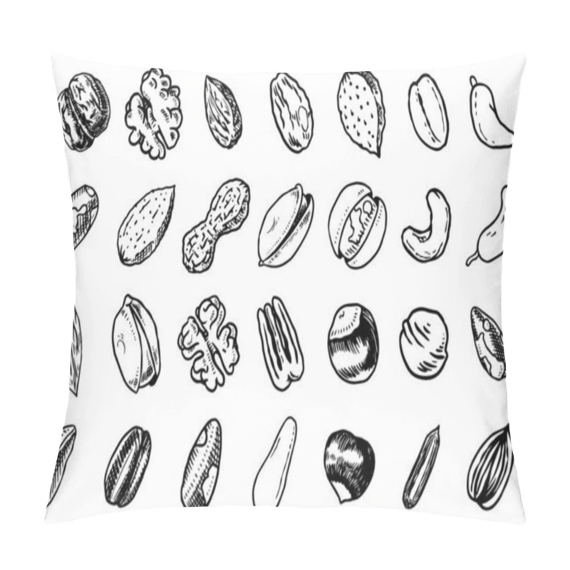 Personality  Nuts Mix Background. Seeds And Granule, Corn And Grain. Hazelnut, Walnut, Almonds. Food Concept. Top View. Vintage Poster. Engraved Hand Drawn Sketch. Set Of Doodle Icons, Signs In Monochrome Style. Pillow Covers