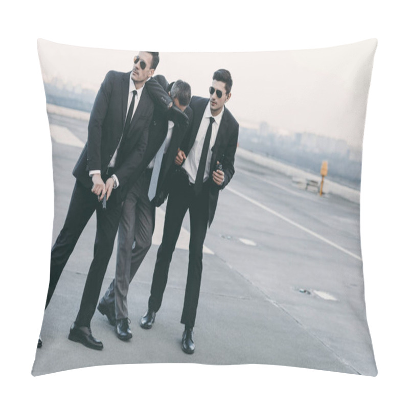 Personality  Two Bodyguards In Sunglasses Protecting Businessman With Gun  Pillow Covers