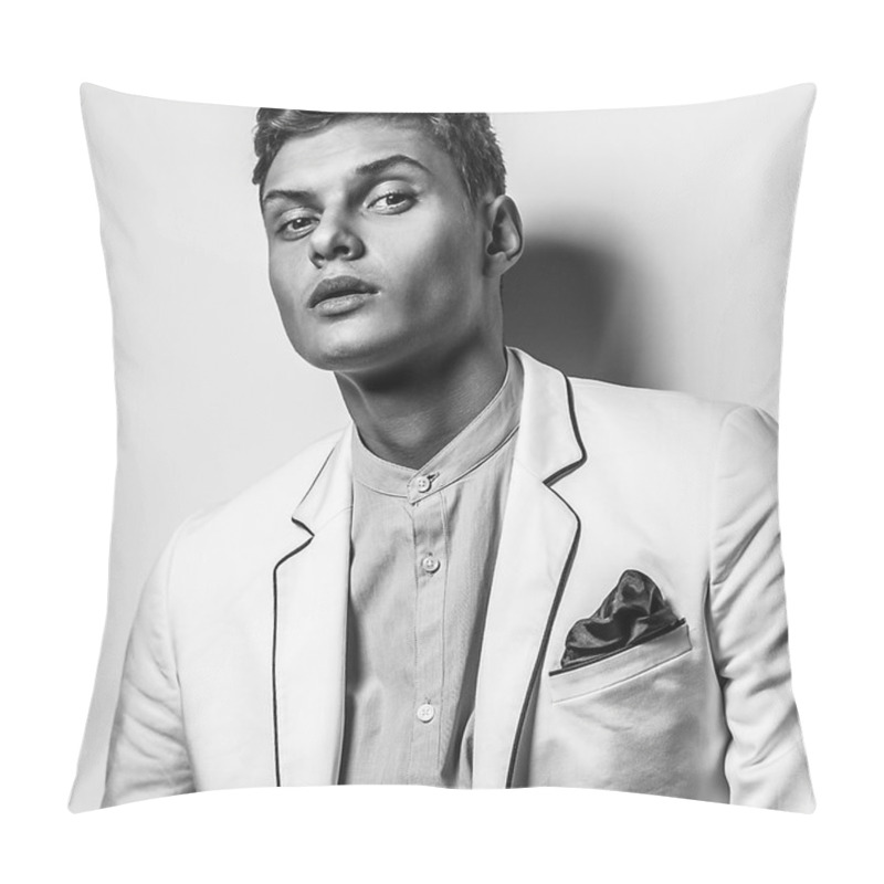 Personality  Elegant Stylish Handsome Man. Black-white Studio Fashion Portrait.  Pillow Covers