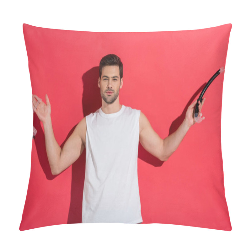 Personality  Handsome Young Man Holding Snorkel Mask And Looking At Camera On Pink Pillow Covers