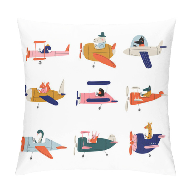 Personality  Collection Of Cute Animals Pilots Flying On Retro Planes In The Sky, Octopus, Bird, Crocodile, Bunny, Snake, Giraffe, Dog, Hippo, Humanized Animals Characters Piloting Airplane Vector Illustration Pillow Covers