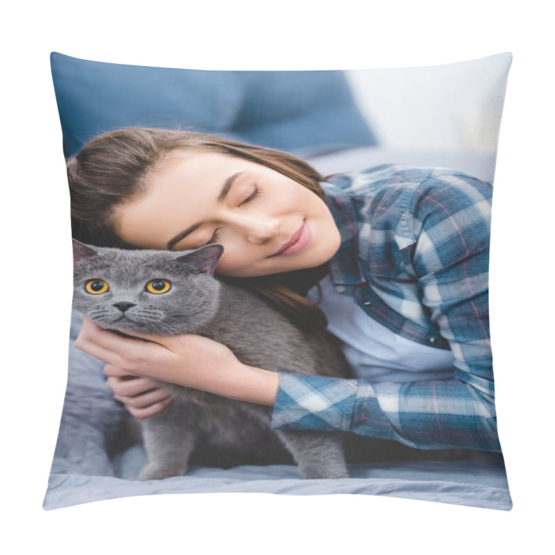 Personality  Happy Girl With Closed Eyes Hugging Beautiful British Shorthair Cat On Bed Pillow Covers