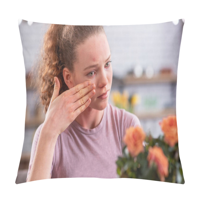 Personality  Appealing Curly-haired Woman With Light Green Eyes Having Teardrops Pillow Covers