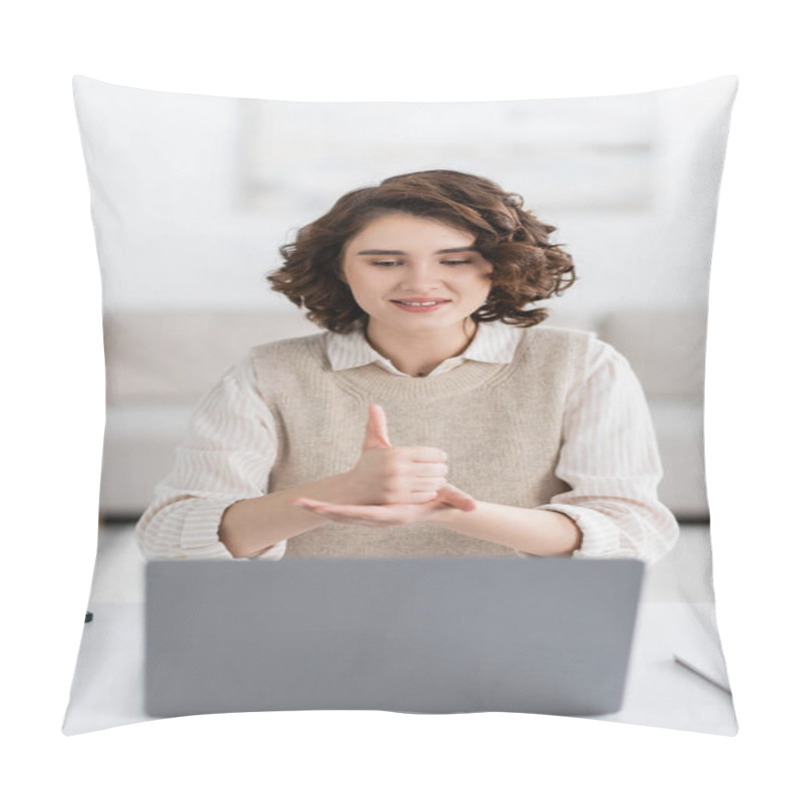 Personality  Positive Teacher With Curly Hair Showing Help Word On Sign Language During Online Lesson At Home Pillow Covers