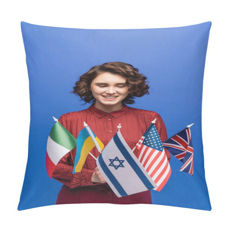 Personality  Happy Woman With Wavy Brunette Hair Looking At International Flags Isolated On Blue Pillow Covers