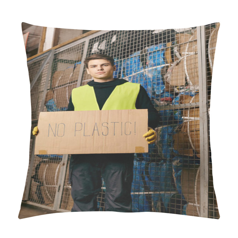 Personality  A Young Volunteer In Gloves And Safety Vest Sorts Waste, Passionately Displaying A No Plastic Sign. Pillow Covers