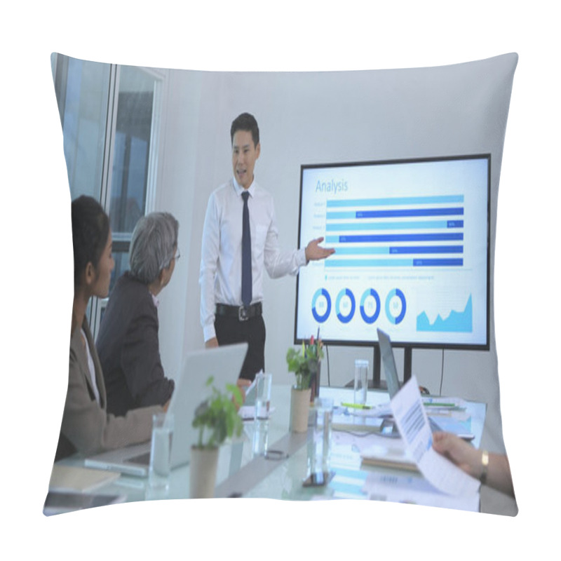 Personality  Business Concept. Young Men Presenting Results At The Meeting. 4 Pillow Covers