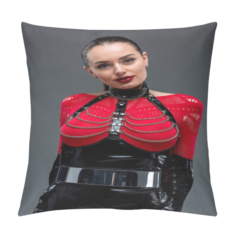 Personality  Seductive Young Woman In Leather Costume Isolated On Grey  Pillow Covers