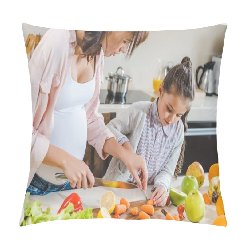 Personality  Mother With Daughter Slicing Carrots  Pillow Covers