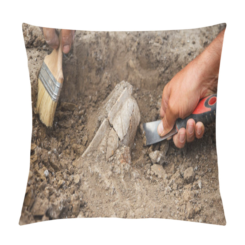 Personality  Archaeological Excavations, Archaeologists Work, Dig Up An Ancient Clay Artifact With Special Tools In Soil Pillow Covers