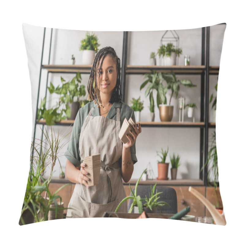 Personality  Young African American Florist Holding Peat Pots Near Green Plants And Blurred Rack In Flower Shop Pillow Covers