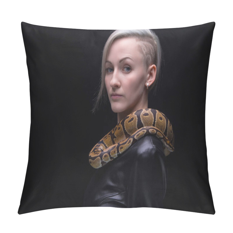 Personality  Woman In Leather Dress With Royal Python Pillow Covers