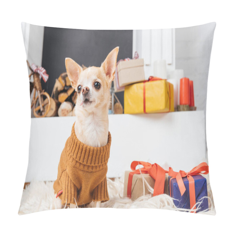 Personality  Adorable Chihuahua Dog In Sweater Sitting On Floor With Christmas Presents Near By Pillow Covers